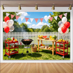 Lofaris Sunny Outdoor BBQ Picnic Photography Backdrop with Red Balloons and Checkered Banners, for Backyard Gatherings and Family Photoshoot