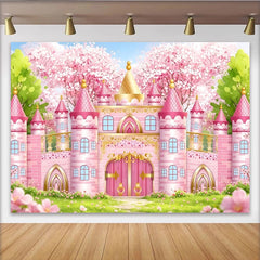 Lofaris Pink Fairytale Castle Photography Backdrop with Cherry Blossoms, Dreamy Princess Party Decor for Girls Photoshoot.