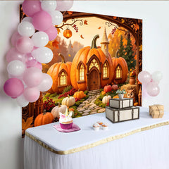 Lofaris Whimsical Pumpkin House Autumn Backdrop with Fall Leaves and Owl, Rustic Photo Booth Prop for Seasonal Events.