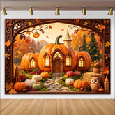 Lofaris Whimsical Pumpkin House Autumn Backdrop with Fall Leaves and Owl, Rustic Photo Booth Prop for Seasonal Events.