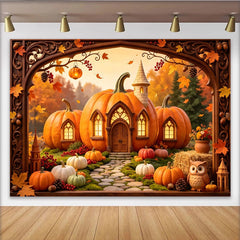 Lofaris Whimsical Pumpkin House Autumn Backdrop with Fall Leaves and Owl, Rustic Photo Booth Prop for Seasonal Events.