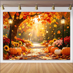 Lofaris Vibrant Autumn Photography Backdrop with Falling Maple Leaves and Pumpkins, Warm Street Lamps and Path, Scenic Fall for Photo