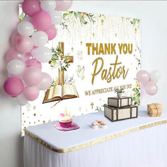 Lofaris Gold Glitter Thank You Pastor Backdrop with Cross and Lilies, Religious Appreciation Event Background for Church Decor.