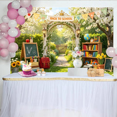Lofaris Lush Garden Back To School Backdrop with Archway, Books and Globe, Educational Photography Background for Studio