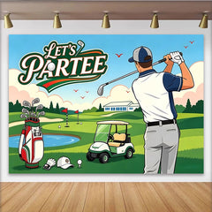 Lofaris Let's Partee Golf Birthday Backdrop with Golfer, Golf Cart, and Green Course, Sports Theme Party Decor for Photoshoot