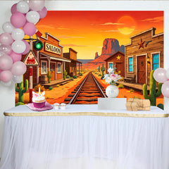 Lofaris Vibrant Cartoon Wild West Photography Backdrop with Desert Train Tracks and Saloon, Sunset Cowboy Theme Background