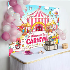 Lofaris Colorful Carnival Birthday Backdrop with Circus Tent and Clown, Festive Animal Party Background for Kids Celebration