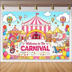Lofaris Colorful Carnival Birthday Backdrop with Circus Tent and Clown, Festive Animal Party Background for Kids Celebration