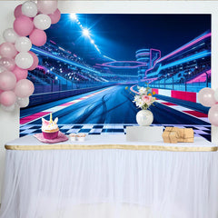 Lofaris Vibrant Neon Race Track Photography Backdrop, Bright Blue and Pink Lights Stadium Background for Event Photoshoot