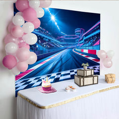 Lofaris Vibrant Neon Race Track Photography Backdrop, Bright Blue and Pink Lights Stadium Background for Event Photoshoot
