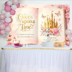 Lofaris Pink Fairy Tale Storybook Photography Backdrop with Golden Castle, Magical Princess Party Background for Girls Photoshoot