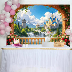 Lofaris Enchanted Fairytale Castle Photography Backdrop with Archway and Roses, Dreamy Mountain Waterfall Background for Princess Party Decor