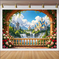 Lofaris Enchanted Fairytale Castle Photography Backdrop with Archway and Roses, Dreamy Mountain Waterfall Background for Princess Party Decor