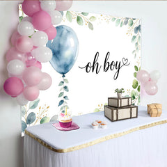 Lofaris Watercolor Blue Balloon Eucalyptus Oh Boy Baby Shower Backdrop, Greenery Gold Glitter Photo Background for Gender Reveal Party