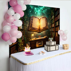 Lofaris Enchanted Magical Library Photography Backdrop with Glowing Book and Ivy, Vintage Bookshelf Studio Background for Fantasy Portraits