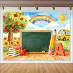 Lofaris Vibrant Back To School Backdrop with Apple Tree, Rainbow, and School Bus, Classroom Learning Theme for Photography