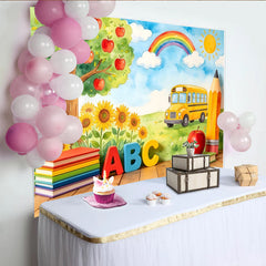 Lofaris Watercolor Back to School Photography Backdrop with School Bus, Apple Tree and Rainbow, Educational Studio Background for Photo