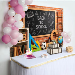 Lofaris Back To School Backdrop with Blackboard, Books and Colorful School Supplies, Brick Wall Photography Background for Classroom Decor