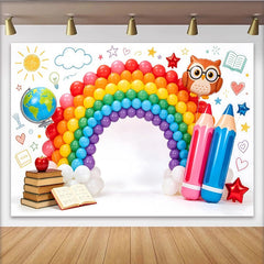 Lofaris Vibrant Rainbow Balloon Arch Back to School Backdrop with Globe and Pencils, Cute Owl Photography Background for Studio.