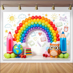 Lofaris Colorful Back to School Backdrop featuring Rainbow Balloons Pencils and Globe, Fun Photo Booth Prop for Classroom Decor