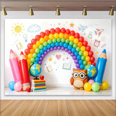 Lofaris Vibrant Rainbow Back To School Backdrop with Pencils and Globe, Fun Learning Photography Background for Kids