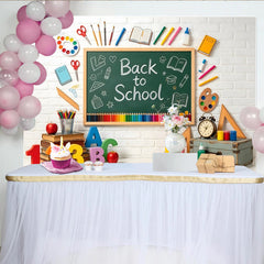 Lofaris Back to School Chalkboard Backdrop with Colorful Pencils and Books, White Brick Wall Photography Background for Classroom Decor