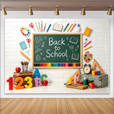 Lofaris Back to School Chalkboard Backdrop with Colorful Pencils and Books, White Brick Wall Photography Background for Classroom Decor
