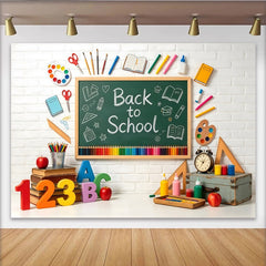 Lofaris Back to School Chalkboard Backdrop with Colorful Pencils and Books, White Brick Wall Photography Background for Classroom Decor