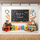 Lofaris Back to School Blackboard Backdrop with Colorful Pencils and ABC Numbers, White Brick Wall Background for Classroom Decor