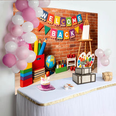 Lofaris Colorful Welcome Back to School Backdrop with Pencils and Paint, Brick Wall Background for Classroom Decoration and Photo Booth Props