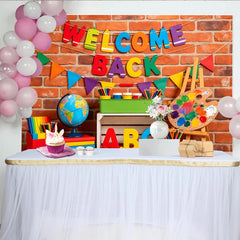 Lofaris Colorful Welcome Back to School Backdrop with Brick Wall and Classroom Elements, Educational Photo for First Day of School Party