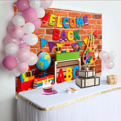 Lofaris Colorful Welcome Back to School Backdrop with Brick Wall and Classroom Elements, Educational Photo for First Day of School Party