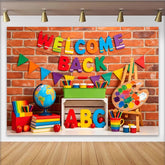 Lofaris Colorful Welcome Back to School Backdrop with Brick Wall and Classroom Elements, Educational Photo for First Day of School Party
