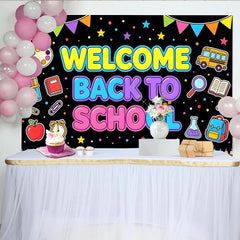 Lofaris Colorful Welcome Back to School Backdrop with School Bus and Pencils, Bright Educational Party Decoration Background for Classroom