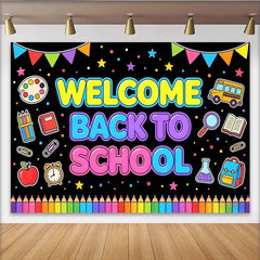 Lofaris Colorful Welcome Back to School Backdrop with School Bus and Pencils, Bright Educational Party Decoration Background for Classroom