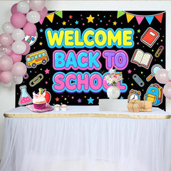 Lofaris Colorful Welcome Back To School Backdrop with Bus, Books, and Pencils, Photo Background for First Day of School Party Decor