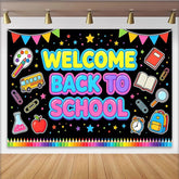 Lofaris Colorful Welcome Back To School Backdrop with Bus, Books, and Pencils, Photo Background for First Day of School Party Decor