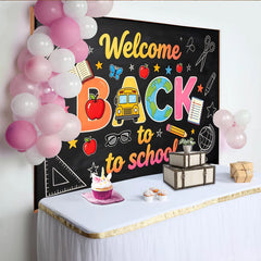 Lofaris Welcome Back to School Blackboard Backdrop with Colorful Letters and School Supplies, Educational Party Decor for Classroom Photography