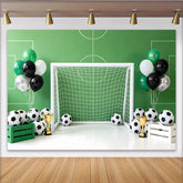 Lofaris Green Soccer Field Birthday Backdrop with Goal, Soccer Balls and Trophies, Sports Theme Party Decoration for Photoshoot