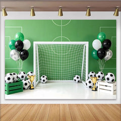 Lofaris Green Soccer Field Birthday Backdrop with Goal, Soccer Balls and Trophies, Sports Theme Party Decoration for Photoshoot