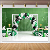 Lofaris Green Soccer Field Birthday Backdrop with Goal and Balloons, Festive Sports Theme Background for Kids Party Photoshoot