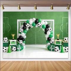 Lofaris Green Soccer Field Birthday Backdrop with Goal and Balloons, Festive Sports Theme Background for Kids Party Photoshoot