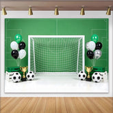 Lofaris Green Soccer Field Birthday Backdrop with Goal, Balls, Trophies and Balloons, Sports Theme Party Photography Background Decor