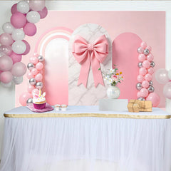 Lofaris Pink Bow Baby Shower Backdrop with Marble Arch and Balloons, Rainbow Party Background for Girl Photography