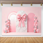 Lofaris Pink Bow Baby Shower Backdrop with Marble Arch and Balloons, Rainbow Party Background for Girl Photography
