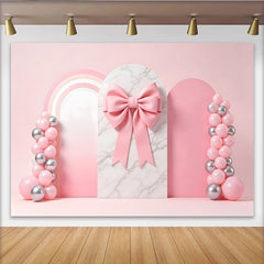 Lofaris Pink Bow Baby Shower Backdrop with Marble Arch and Balloons, Rainbow Party Background for Girl Photography