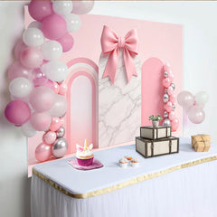 Lofaris Pink Marble Arch Birthday Backdrop with Balloons and Bow, Elegant Party Background for Girls Photoshoot and Celebration