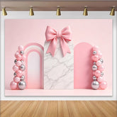 Lofaris Pink Marble Arch Birthday Backdrop with Balloons and Bow, Elegant Party Background for Girls Photoshoot and Celebration