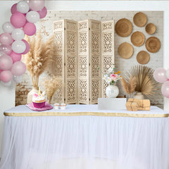 Lofaris White Brick Wall Boho Photography Backdrop with Carved Screen and Pampas Grass, Natural Rustic Background for Photo