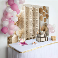 Lofaris White Brick Wall Boho Photography Backdrop with Carved Screen and Pampas Grass, Natural Rustic Background for Photo